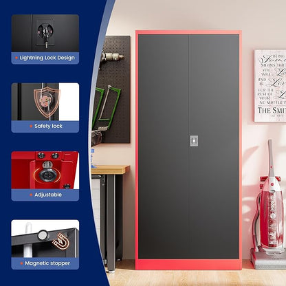 Yizosh Metal Garage Storage Cabinet with Lock Doors and 5 Shelves,- 71" Heavy Duty Steel Locking Tool Cabinet for Garage,Office,School (Red Black)