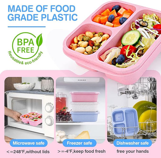 Rinwoc Bento Box [Portion Size], 3 Pack Snack Containers with 3 Compartments for Meal Prep & On-the-Go [School, Travel], Lunchable Container Reusable and BPA-Free