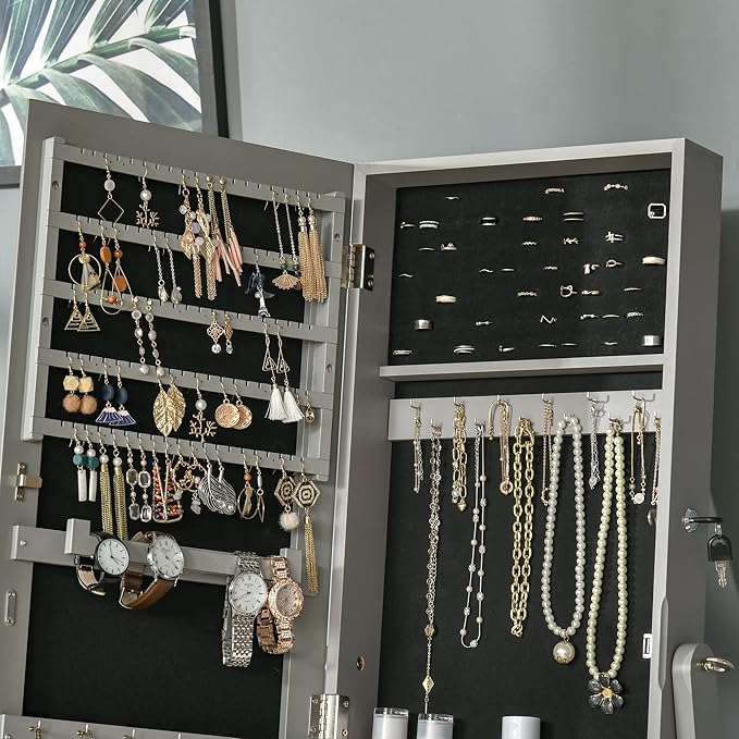 HOMCOM Floor Standing Jewelry Cabinet, Lockable Jewelry Organizer with Full-Length Mirror, and 3 Adjustable Angles, Grey