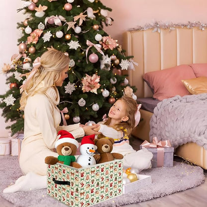 Red and Green Coquette Bow Santa Trellis Christmas Storage Bin Box with Handles, Gingerbread Stocking Tree Holiday Foldable Organizer Basket Toybox for Girls Room Bedroom Clothes Toys Books