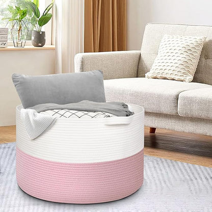 115L Pink Basket for Organizing, 23.6“x15.7" XXXL Blanket Storage for Living Room, Extra Large Toy Box, Soft Woven Cotton Rope Bin, Decorative Baby Nursery Basket, Girls Pink Room Decor
