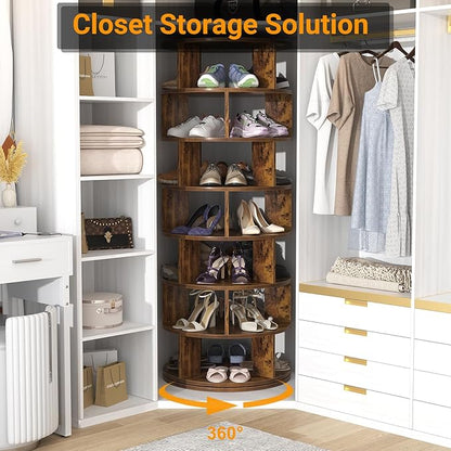 Aheaplus Rotating Shoe Rack Tower, 7-Tier Spinning Shoe Rack 360 Revolving Shoe Rack Organizer for Closet, Display Round Storage Carousel Shoes Closet Organization, Rustic Brown