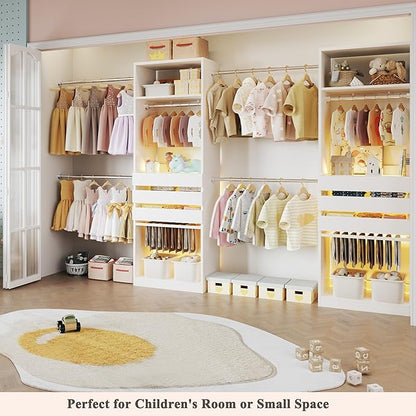 Closet System, 5.7-10.4FT Closet Organizer System with 6 Wood Drawers & LED Glasstop, Wood Walk-in Closet with 10 Hanging Rods & Trouser Rack, Built-in Wardrobe Garment Rack with Shelves & Tower,White
