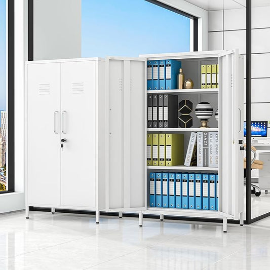 47.24" Metal Storage Locker with Lockable, Employees Metal Steel Locker with 2 Door ＆ 3 Adjustable Shelves, Small Locker Storage Cabinets for Home, School, Office, Gym (White)