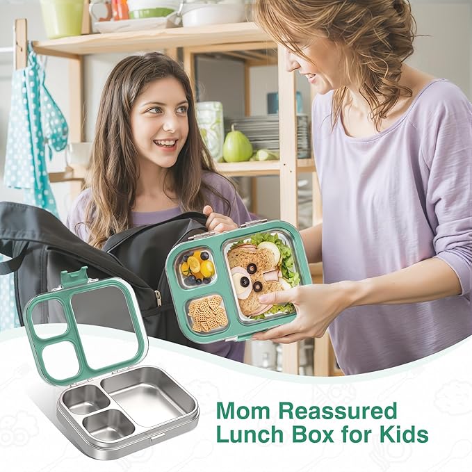 Stainless Steel Lunch Box: Metal Bento Box for Kids Adults - 3 Compartments Leak-Proof Lunch Box, Green