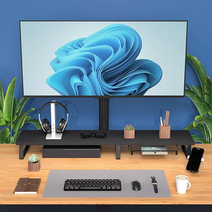 Wood Dual Monitor Stand Riser - Monitor Stand for 2 Monitors, Large Computer Stand For Desk with Metal Legs, Desk Organizers and Storage With Drawer, Desk Shelf for Computer/Laptop/Printer/TV, Black
