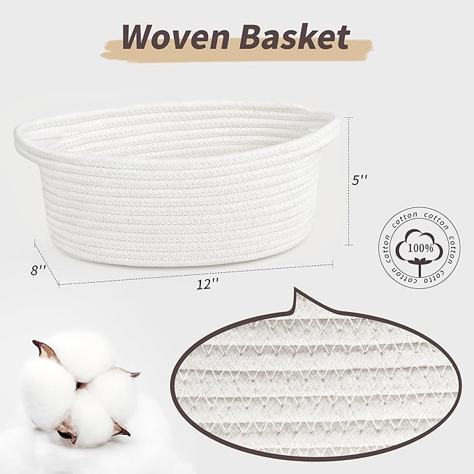 Pro Goleem Small Woven Easter Basket with Gift Bags and Ribbons Durable Burr Baskets for Gifts Empty Small Rope Basket for Storage 12"X 8" X 5" Baby Toy Baskets with Handles, White