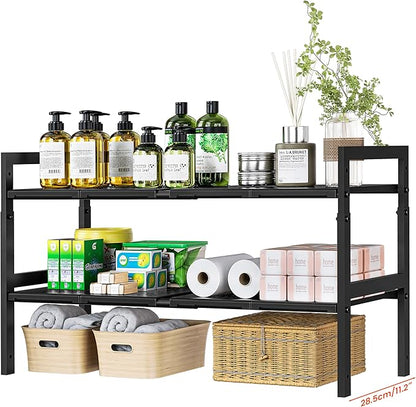 Under Sink Organizer and Storage 16.5"-30.7" Expandable Length, Adjustable Height Max 16.7" Under Sink Shelf 2 Tier with Removable ABS Panels Metal Frame for Bathroom Kitchen Pantry Cabitnet Pot Pan