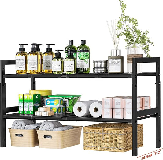 Under Sink Organizer and Storage 16.5"-30.7" Expandable Length, Adjustable Height Max 16.7" Under Sink Shelf 2 Tier with Removable ABS Panels Metal Frame for Bathroom Kitchen Pantry Cabitnet Pot Pan