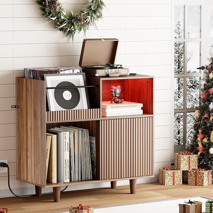 Large Record Player Stand with Power Outlets & LED Lights, Record Player Table Cabinet with Vinyl Record Storage Holds up to 300 Albums, Turntable Stand for Living Room, Bedroom