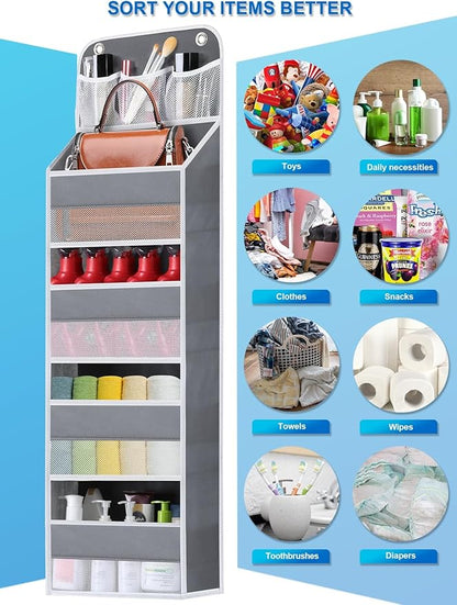 2 Pack Over The Door Organizer, Hanging Storage Organization with Large Capacity Pockets, Swing-Proof Behind Door Storage Shelf for Kicthen Bedroom Nursery Kids Toys Shoes, Grey