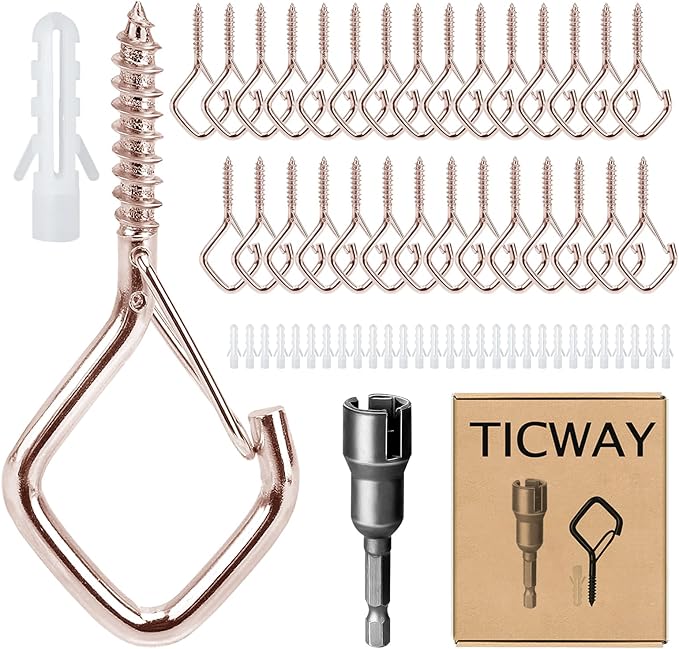 30 Pcs Outdoor Hooks for String Lights,Screw Hooks for Hanging Plants,Ceiling Hooks with Safety Buckle,Square Hanger for Wind Chimes,Bird Feeder,Lanterns,Christmas Decorations Rose Gold