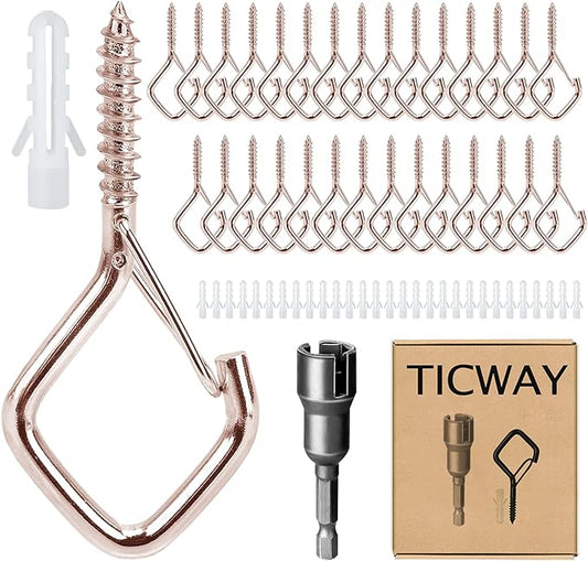 30 Pcs Outdoor Hooks for String Lights,Screw Hooks for Hanging Plants,Ceiling Hooks with Safety Buckle,Square Hanger for Wind Chimes,Bird Feeder,Lanterns,Christmas Decorations Rose Gold