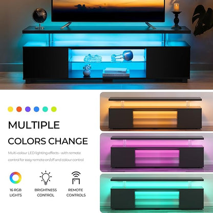 Black TV Stand 65 inch,LED TV Stand for Living Room,Glass Entertainment Center TV Stand, TV Console Tables for Living Room,Bedroom,Home Office
