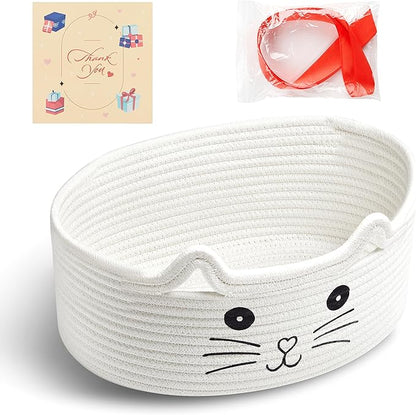 Small Woven Cat Gifts Basket for Storage Empty Cat Toy Bins Organizer with Ribbons and Bags Durable Cute Pet Gifts 12"X 8" X 5" Small Rope Basket for Gifting