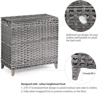 Laundry Hamper with 3 Removable Liner Bags; 132L Handwoven Rattan Laundry Basket with Lid & Heightened Feet; Clothes Hamper with Side Handles; Laundry Sorter with 3 Separate Sections (Gray)