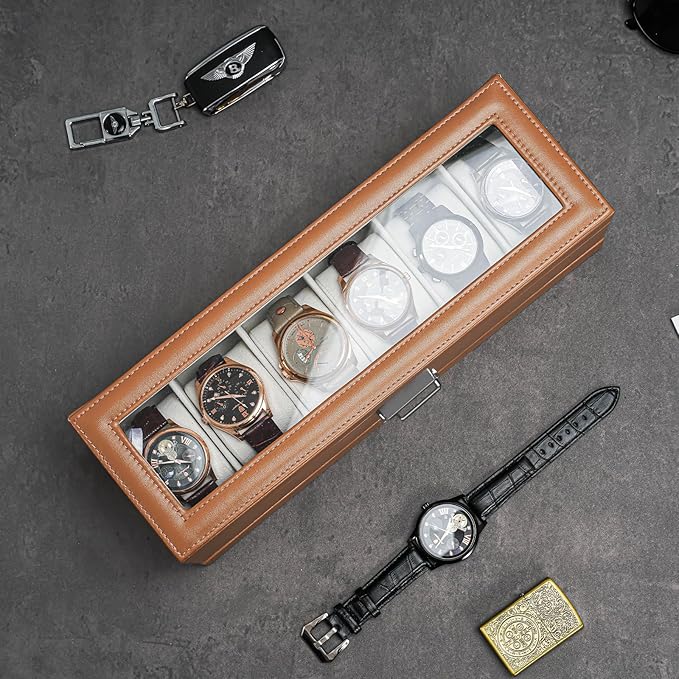 ProCase Watch Box, 6 Slot Watches Display Case with Drawer, Mens Watch Case with Glass Lid, 2-Layer Mens Jewelry Organizer Storage Holder, Birthday Valentine Gifts for Men -6 Slot, Khaki
