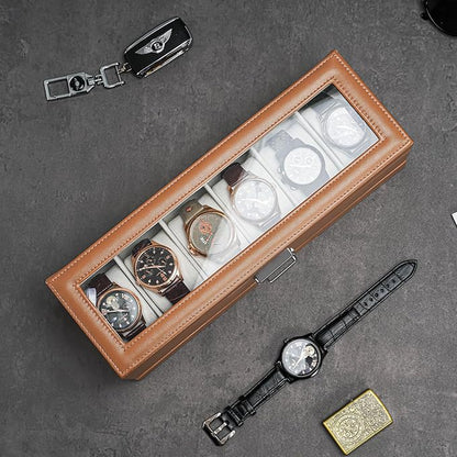 ProCase Watch Box, 6 Slot Watches Display Case with Drawer, Mens Watch Case with Glass Lid, 2-Layer Mens Jewelry Organizer Storage Holder, Birthday Valentine Gifts for Men -6 Slot, Khaki
