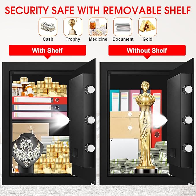 3.3 Cuft Large Fireproof Safe for Home, Security Safe Box Fireproof Waterproof with Digital Keypad, Removable Shelves and Alarm System, Anti-theft Personal Safes for Home Use Fire and Water Proof