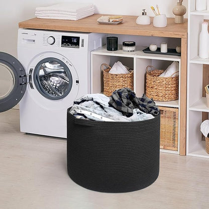 Large Black Blanket Basket, 22" X 22" X 14" Woven Rope Bin for Storage, Kids Dog Toy Storage Box Organizer Bins, Blanket Holder for Living Room, Decorative Wicker Basket for Organizing