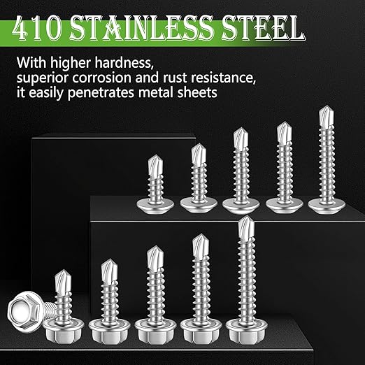 mxuteuk 1600PCS #8#10 Self Tapping Screws,410 Stainless Steel Self Drilling Screws for Metal,Truss Head & Hex Head 1/2" to1-1/4'' Self Tapping Screw for Plastic with 800PCS Washer