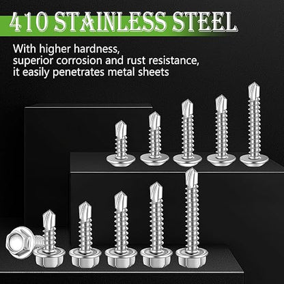 mxuteuk 1600PCS #8#10 Self Tapping Screws,410 Stainless Steel Self Drilling Screws for Metal,Truss Head & Hex Head 1/2" to1-1/4'' Self Tapping Screw for Plastic with 800PCS Washer