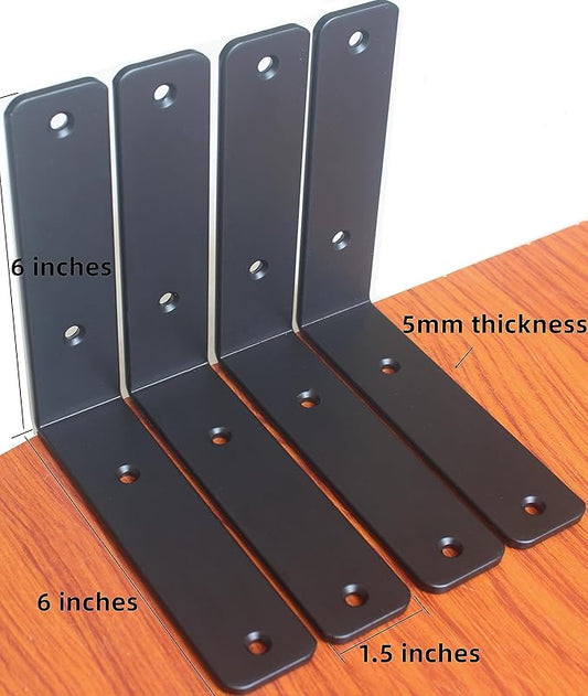 4 Pack - L 6" x H 6" x W1.5, 5mm Thick Black L Shelf Bracket, Iron Shelf Brackets, Metal Shelf Brackets, Floating Shelf, Shelf Supports with Screws