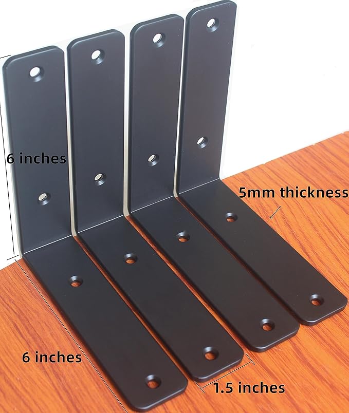 8 Pack - L 6" x H 6" x W1.5, 5mm Thick Black L Shelf Bracket, Iron Shelf Brackets, Metal Shelf Brackets, Floating Shelf, Shelf Supports with Screws