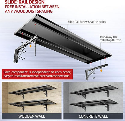 1.3x4FT Adjustable Garage Shelf Wall Mounted Fold Down Shelf Metal Heavy Duty Black 2Pack