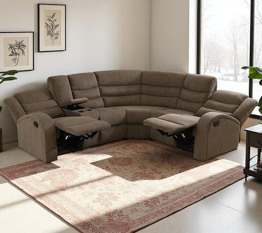 Living Room Furniture Set, Peanut Brown Corduroy Manual Reclining L-Shaped Sectional Sofa Set with Center Console & Cup Holders, 5-Seater Corner Sofa for Living Room & Home Theater