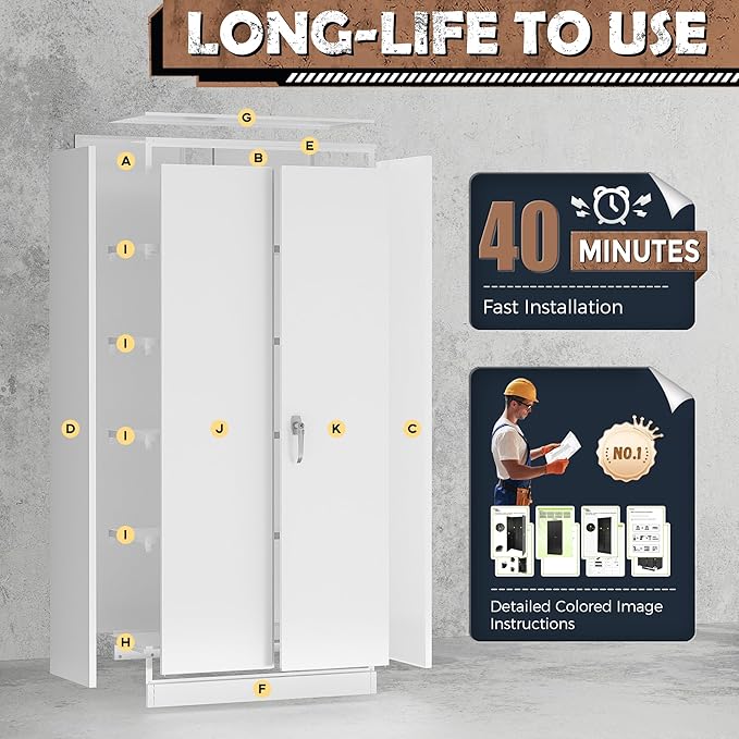 INTERGREAT Metal Lockable Storage Cabinet, 72” H Storage Cabinet with 2 Doors and 4 Adjustable Shelves for Office, Home, Garage, Pantry (Assembly Required, 18”D, White)