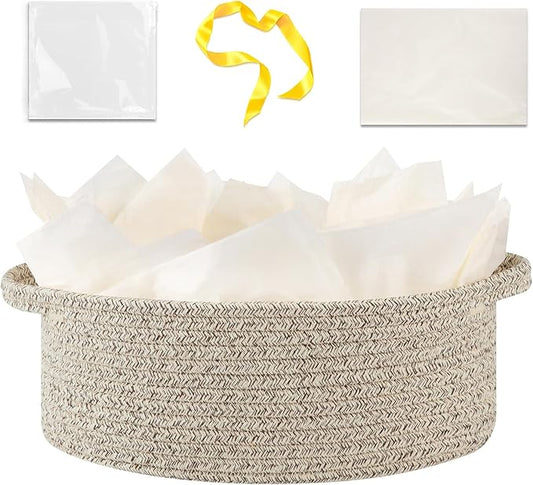 OIAHOMY Gift Basket with Handle, Small Woven Basket with Gift Bag，Ribbon and Wrap Tissue Paper，Nursery Bins Empty to Fill with Small Items, Baby，Pet Toy Organizer - Brown