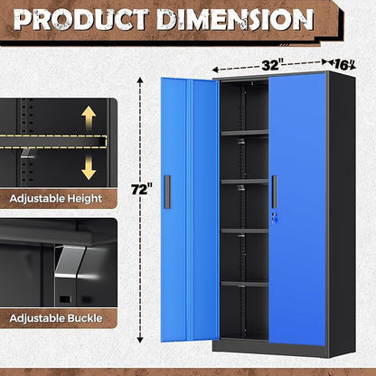 INTERGREAT Metal Storage Cabinet, 72” H Storage Cabinet with Doors and Adjustable Shelves for Office, Home, Garage, Pantry (Assembly Required, Black Blue)