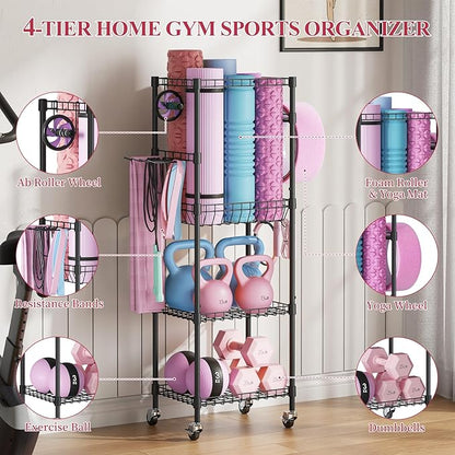 VOPEAK Home Gym Storage Rack with Wheels, Yoga Mat Storage Organizer for Kettlebells, Dumbbells, Resistance Bands, Space Saving 3-Tier Weight Rack for Home Gym, Garage, Easy to Install