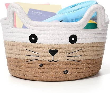 Zopeal Cat Basket Storage Woven Organizer with Ears Easter Decorative Gift Pet Toy Cute Cotton Rope Basket for Gift Cat Dog Toy Bin Nursery Room(8.3 x 4.7 Inch,White Khaki Brown)