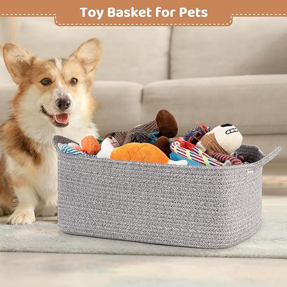 Large Empty Gift Baskets for Baby Shower, 16.5" L x 12.6" W x 7" H Cute Woven Storage Basket with Gift Bags and Ribbons, Small Rope Toy Basket with Handles, Cat Dog Pet Toy Organizer - Grey