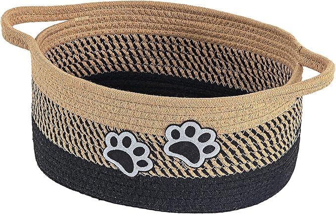 Small Woven Cotton Rope Nursery Organizer Bins, Dog Toy Basket Bins with Handle, Cute Empty Baby Gift Storage Baskets with Paw