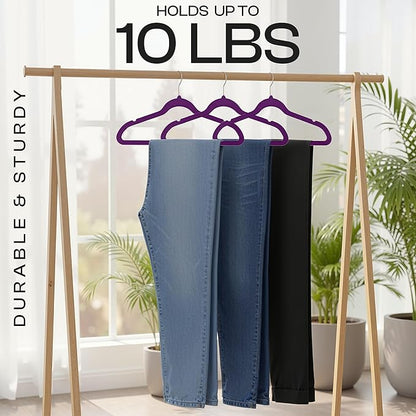 Utopia Home Velvet Hangers 50 Pack – Luxury Non-Slip Slim Pant & Coat Hangers, Strong Space-Saving Clothes Hangers with Pants Bar and 360° Swivel Hook – Purple