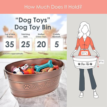 BREKX Indestructible Metal Dog Toy Bin - Galvanized Metal Bin with Handles for Accessory Storage - Pet Toy Basket, Blanket Basket - Storage Dog Toy Box, Farmhouse Decor (Copper - 25 Quart)