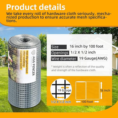 16inch x 100ft Hardware Cloth 1/2 inch Chicken Wire Fencing 19Ga, Hot Dipped Galvanized After Welding Garden Plant Supports Welded Metal Chicken Wire Fence Poultry Animal Netting Cage Screen
