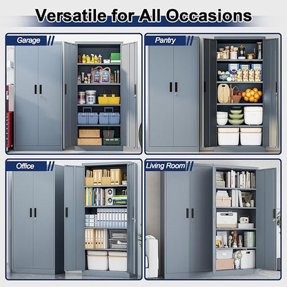 BESFUR Metal Storage Cabinet with 2 Doors and 4 Adjustable Shelves Garage Storage Cabinet with Lock 71" Office Storage Cabinets Locking Cabinets for Garage Office Shop Home (Gray)