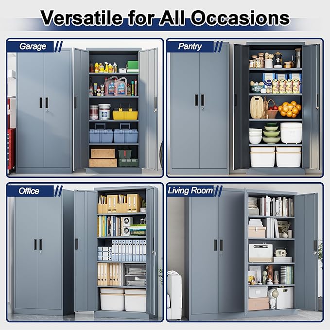 BESFUR Metal Garage Storage Cabinet with Locking Doors and 4 Adjustable Shelves, Gray Tall Storage Cabinets, Tool File Lockable Cabinet for Garage Office Warehouse Shop(71”H)
