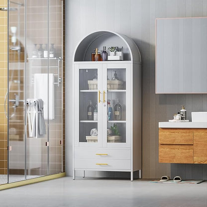 73'' Tall Metal Arched Display Cabinet with Glass Doors, Freestanding Arch Kitchen Pantry Cabinet with 2 Drawers for Home Office Bookcase(White)