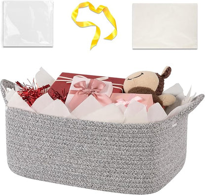 Basket for Gifts Empty, Woven Storage Basket with Gift Bag, Ribbon and Wrap Tissue Paper, Small Rope Toy Storage with Handles for Baby Shower, Dog Toy Organizer, 13.6" x 10" x 5.9”, Gray