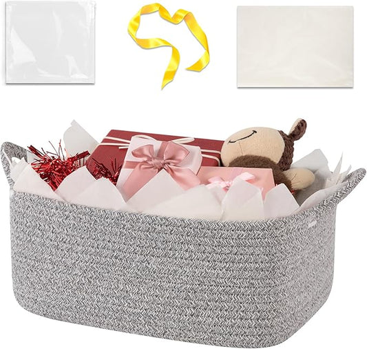 Basket for Gifts Empty, Woven Storage Basket with Gift Bag, Ribbon and Wrap Tissue Paper, Small Rope Toy Storage with Handles for Baby Shower, Dog Toy Organizer, 13.6" x 10" x 5.9”, Gray