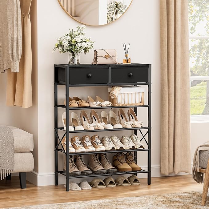 Shoe Rack for Entryway, 5 Tier Shoe Organizer with 2 Non-Woven Drawers, Metal Storage Shoe Shelf for 16-20 Pairs of Shoes, with Wooden Top and Steel Frame, Shoe Stand for Closet Charcoal