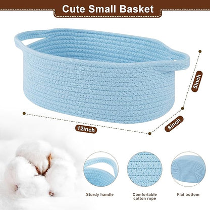 OIAHOMY Gift Basket with Handle, Small Woven Basket with Gift Bag, Ribbon and Wrap Tissue Paper, Nursery Bins Empty to Fill with Small Items, Baby, Pet Toy Organizer - Blue