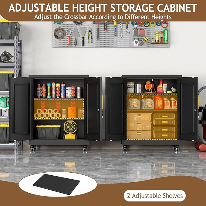 35" Metal Storage Cabinet with Lock and Wheels, Lockable Office File Cabinet with 2 Doors and 2 Adjustable Shelves, Rolling Steel Tool Garage Cabinets for Home Office (Black)