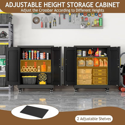 35" Metal Storage Cabinet with Lock and Wheels, Lockable Office File Cabinet with 2 Doors and 2 Adjustable Shelves, Rolling Steel Tool Garage Cabinets for Home Office (Black)