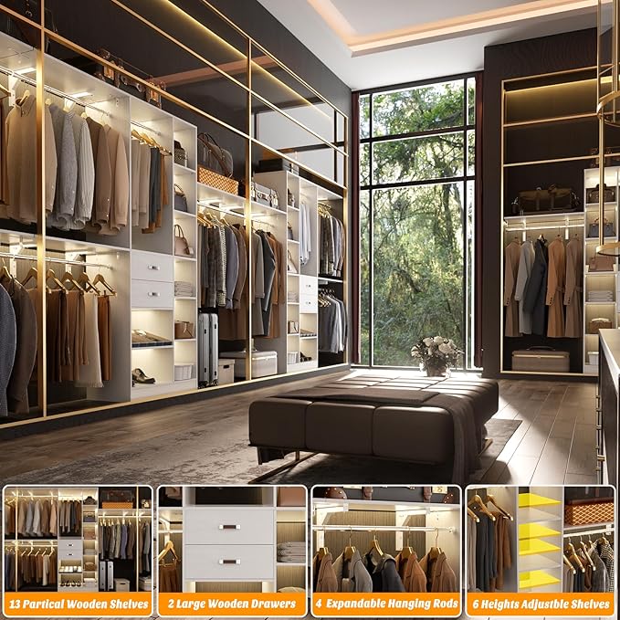 Upgraded 96 Closet System with 18 Storage Place, 8FT Closet Organizers System with 13 Shelves and 2 Wooden Drawers, 96'' Walk-in Closet with 4 Hanging Rods, Adjustable Garment Rack, White